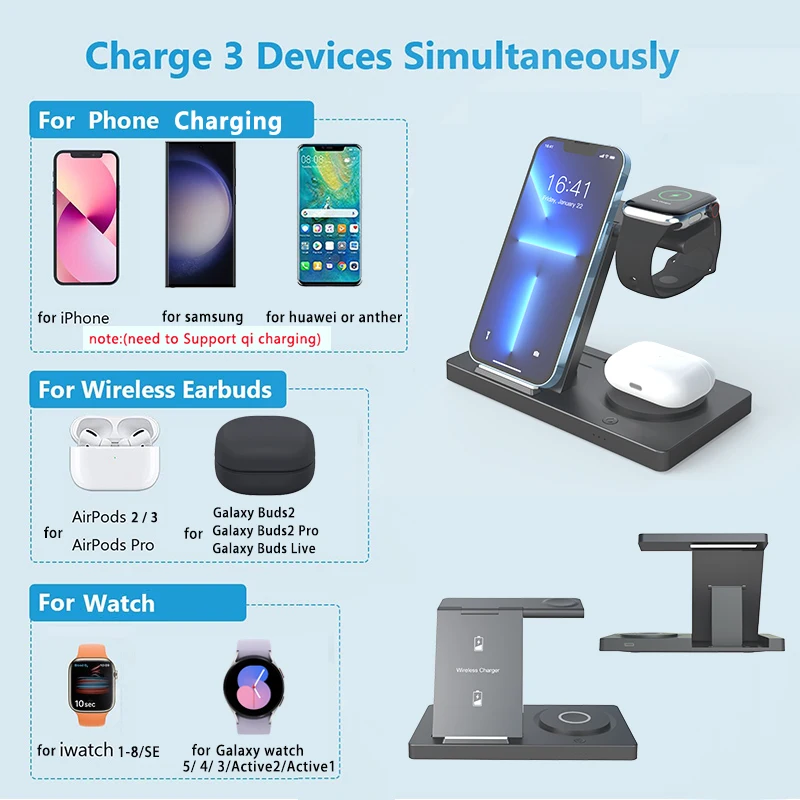 3 in 1 Wireless Chargers For iPhone 15 14 13 12 11 Airpods Pro for Apple Watch 9 8 7 6 5 /Galaxy Watch Fast Charging Station