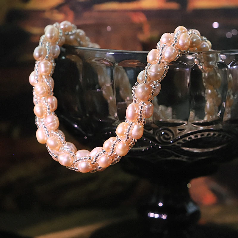 

Pink Natural Freshwater Pearl Necklace Three Circles Luxury Design High Quality Necklace Wedding Women Jewelry GN0244B