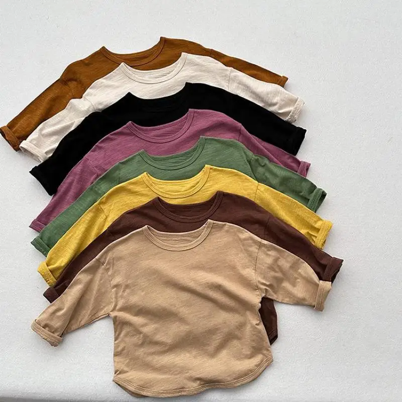 

2025 Autumn New Children Long Sleeve T Shirts Cotton Boys Girls Solid O-neck Tee Baby Soft Tops Kids Casual Bottoming Shirts