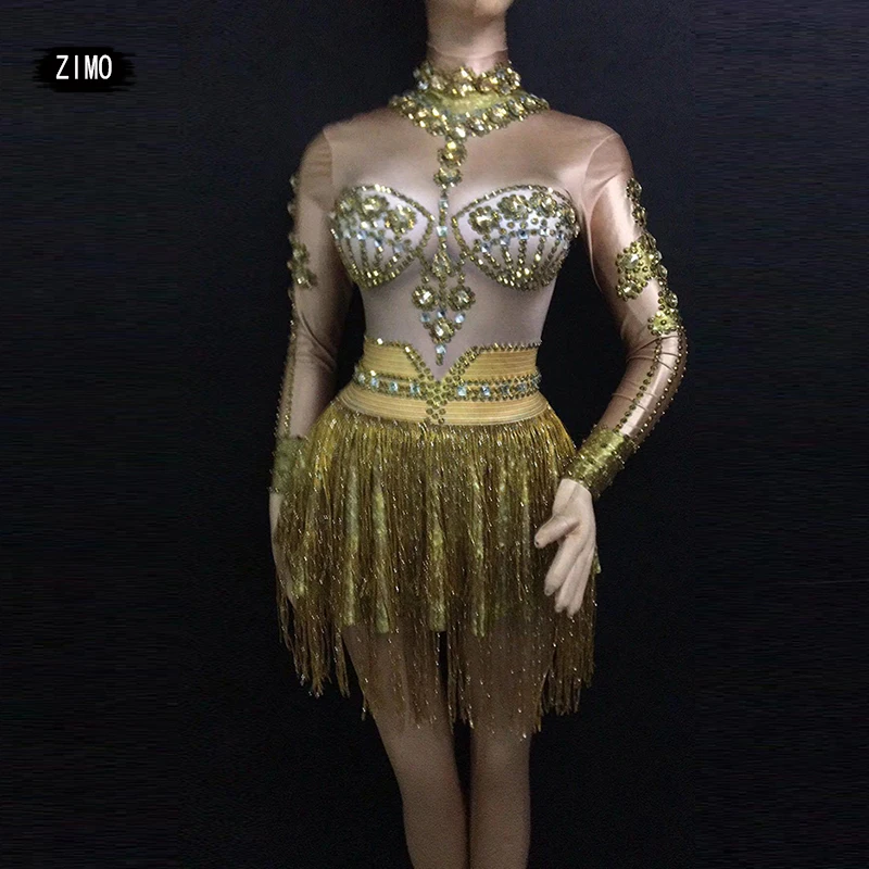 

fashion Sparkly crystal Gold Dress long sleeve Stage Wear Dance Birthday Celebrate tassels bodysuit Show bar drag queen Costumes