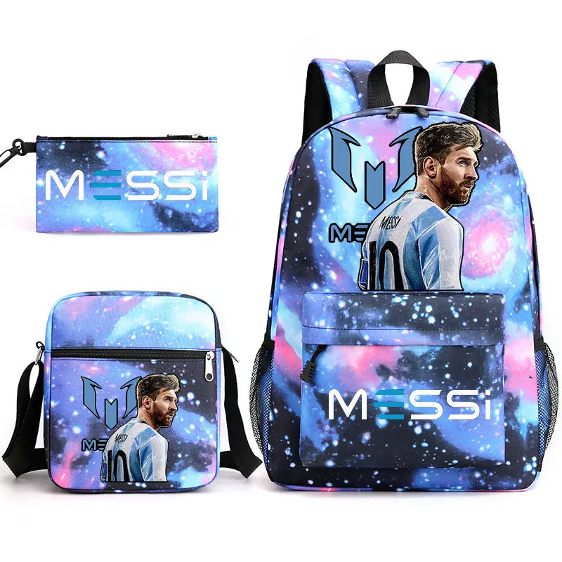 Mochila de futebol Messi para crianças, Mochila escolar para homens e mulheres, Travel Laptop, Adolescentes, Students Totes Sac, 3Pcs