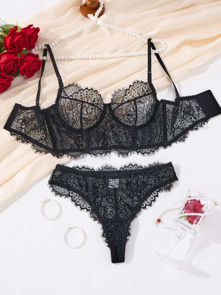 섹시 란제리 여성 매력적인 블랙 레이스 속옷 울트라 씬 시스루 브라 팬티 세트 2피스 에로틱 란제리 친밀한 의상