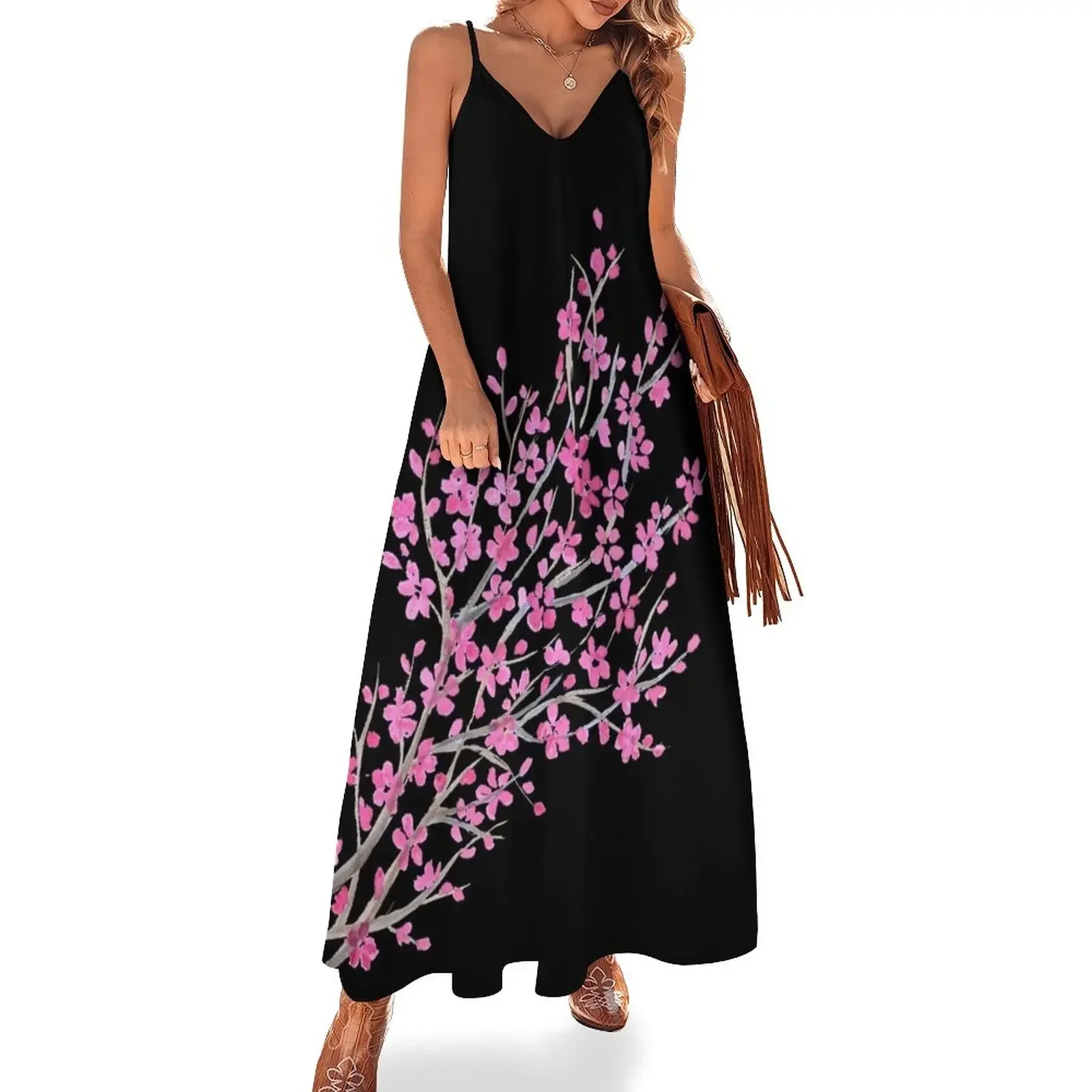 

Sakura watercolor on black background Sleeveless Dress luxury woman party dress long dresses for women birthday dress