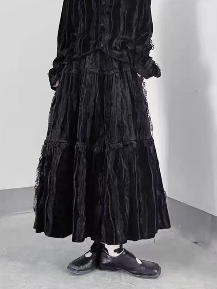 

Lace Patchwork Black Skirt Autumn High Waist Dark Academic Velvet Midi Skirts Y2K Harajuku Gothic Streetwear A Line Skirt Female