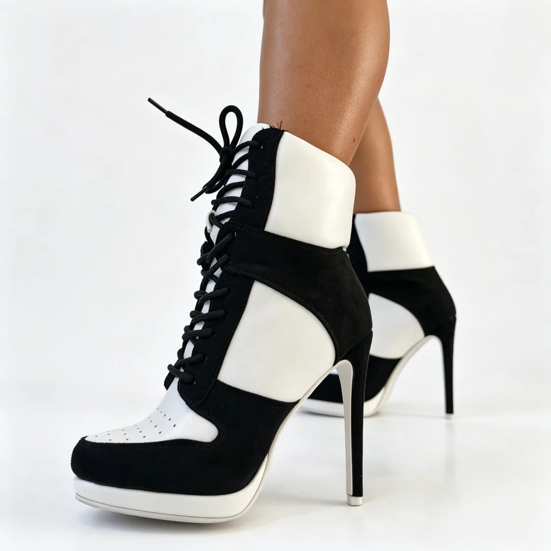 Sports Lace Up Women's Short Boots Thick Sole Mixed Color Stilettos Autumn Winter New Street Style Casual Rock Botines Mujer