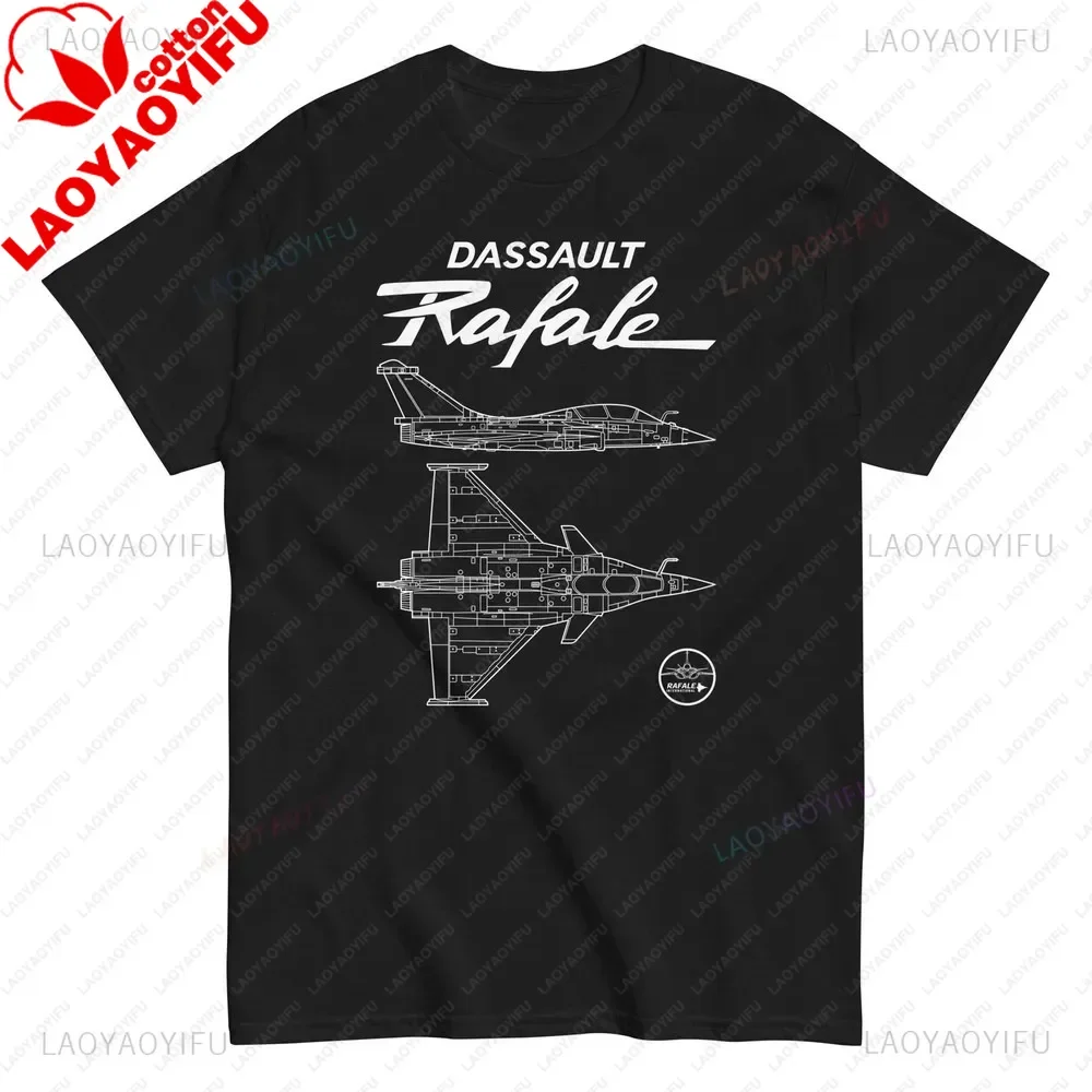 Dassault Rafale French Fighter Jet Cotton T-Shirt Dual-view Fighter Jet Contour Design Air Force Theme Engineering Drawing Style