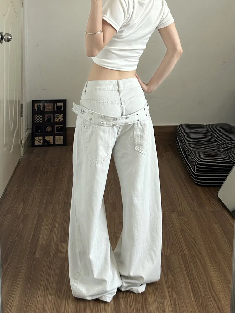 Personalized Rivet Belt Decoration Denim Pants Women American Streetwear Retro High Waist Female Loose Versatile Casual Jeans