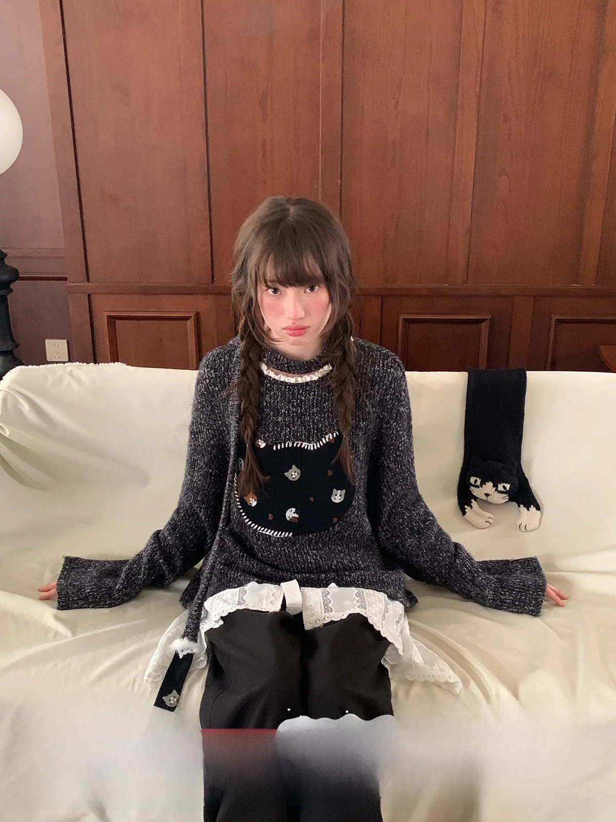 

Adorable Loose Casual Women's Sweater Soft Cozy Cartoon Design Bla Long Sve Mid-Length Polyester Fiber Spring New Sle