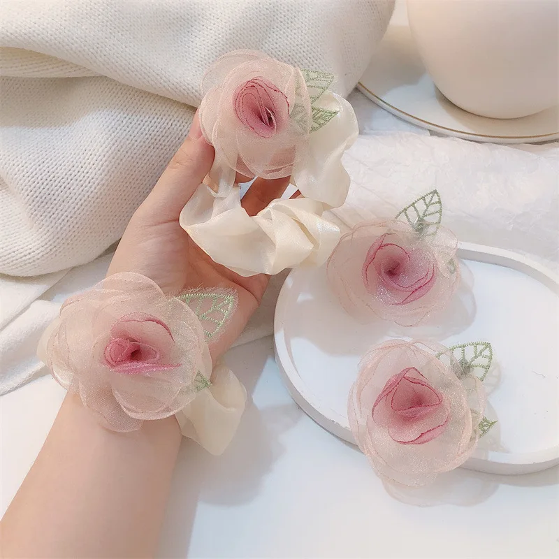 ربطات شعر أنيقة على الطراز الكوري للنساء على شكل ذيل حصان، أربطة شعر مرنة حلوة، أربطة شعر بناتي بنمط زهور لطيفة، أغطية رأس