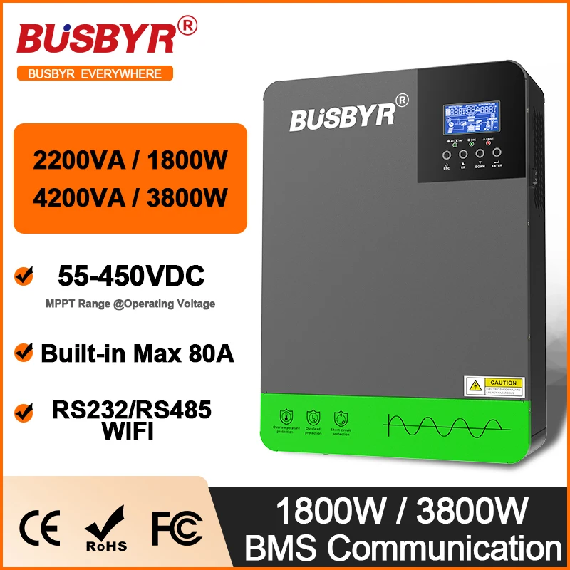 Busbyr 4200VA 3800W Hybrid Solar Inverter 24V 2200VA 1800W Off Grid MPPT 110A 230VAC Out-put Voltage Max PV 450VDC Support WIFI