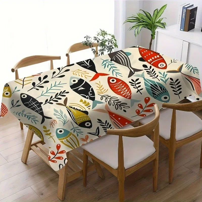 1pc Vibrant Fish Pattern Tablecloth - Brightly Colored Aquatic Design - Featuring Large Fish and Seaweedyzb