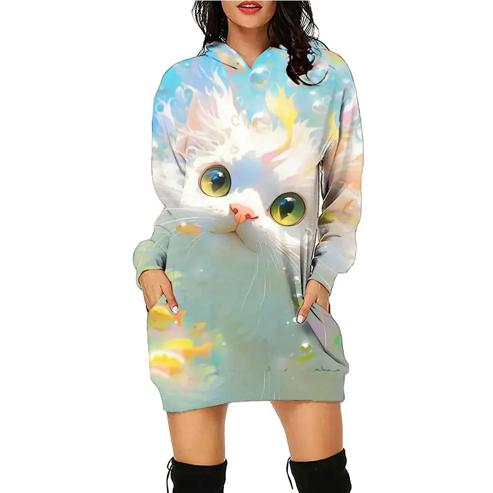 

New Fashion Cartoon Cat Hoodie 3D Printed Women's Hoodie Dress Pocket Pullover Autumn/Winter Loose Casual