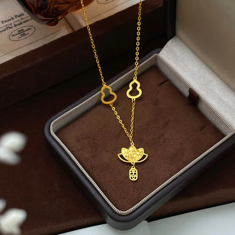 

Gold Shop Same Style 9999 24K Real Gold Women's Gold Necklace Lotus Safe Sexy Necklace Clavicle Chain Gift Beautiful Jewelry