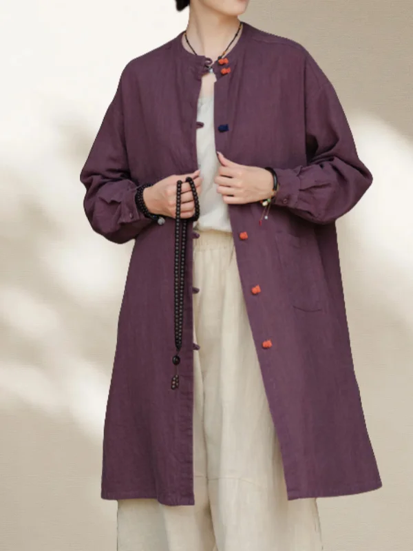 لون فني نقي من القطن والكتان متوسط الطول irt مقاس كبير للنساء بياقة واقفة طويلة Sve Zen Sle مفتوحة... #5