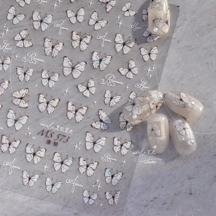 1 Stuks 5d Witte Vlinder Nail Stickers Japanse Kawaii Vlinder Nail Art Decoratie Zelfklevende Slider Stickers Diy Accessoires