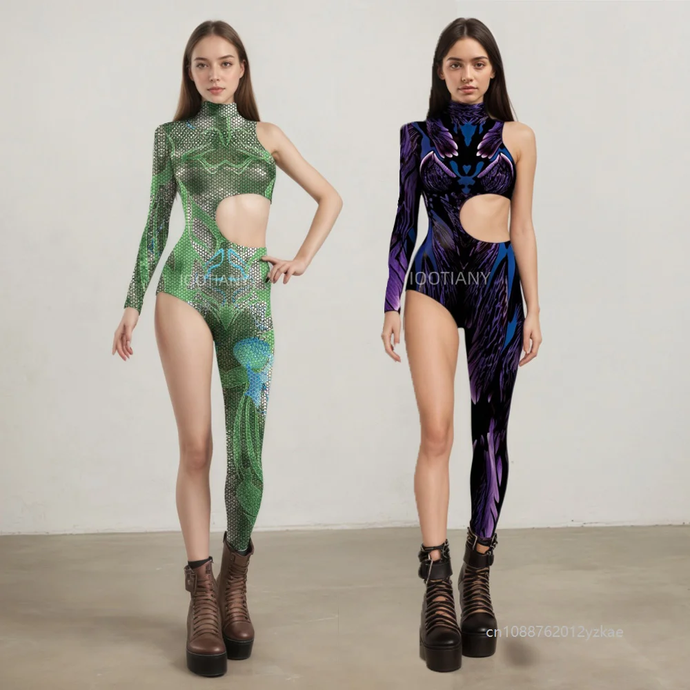 

Halloween Women's One-arm Costume Snake Print Cyberpunk Totem Jumpsuit Holiday Cosplay Music Festival Party Stretch Bodysuit