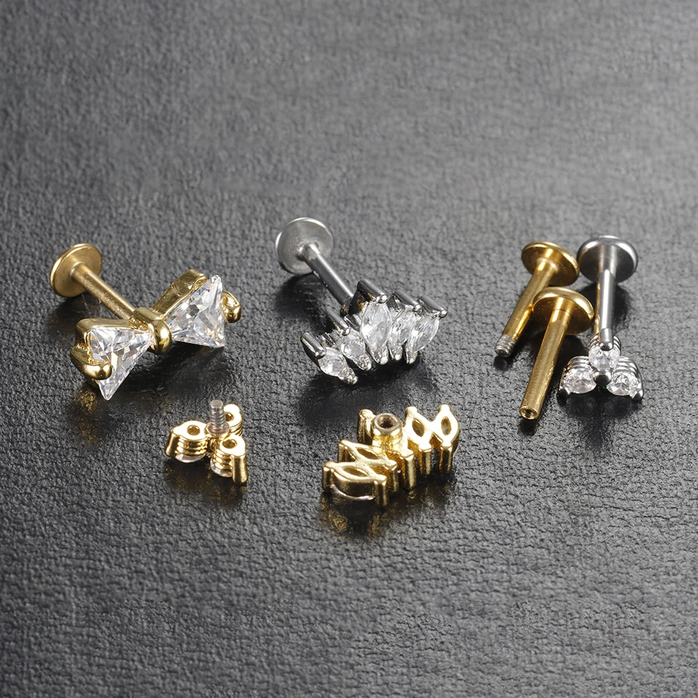 1PC Pure Titanium Zircon Flower Ear Cartilage Piercing Stud Earrings Heart Star Moon Helix Conch Screw Back Earring Women