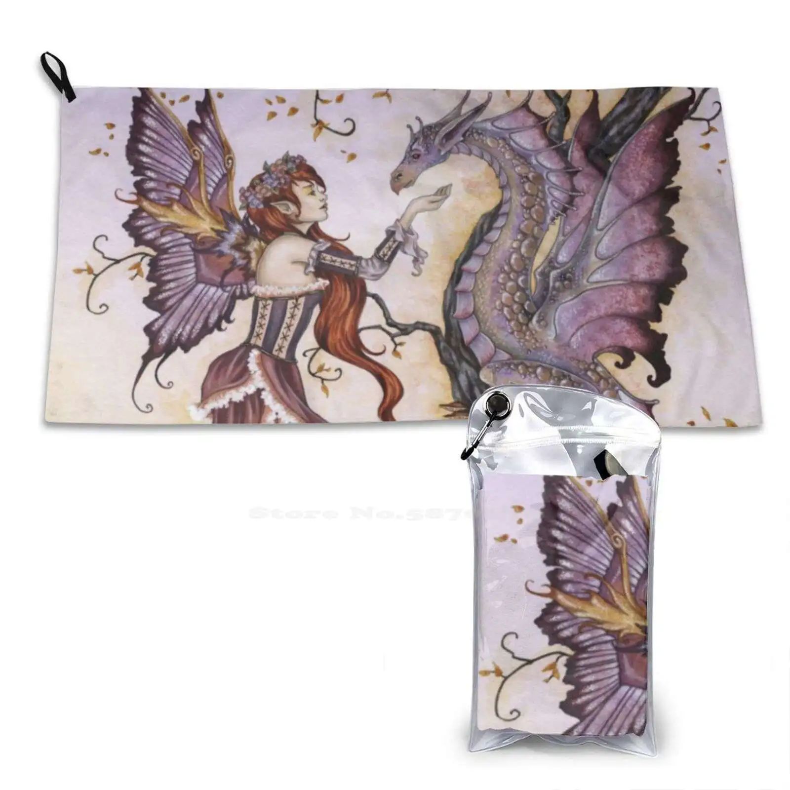 The Dragon Charmer Soft Towel Quick Dry Beach Towel Fairy Dragon Fantasy Amy Brown Purple Friendship Romance Love