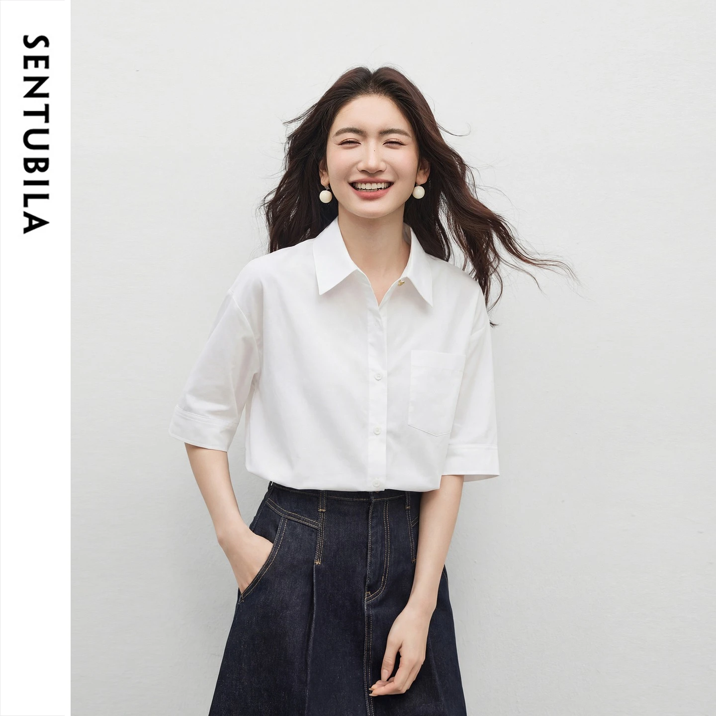 SENTUBILA Women Purple Shirt Summer Pure Cotton Office Lapel Collar Half Sleeve Blouse 2026 Pleated Cuff Straight Top 162CB6574X