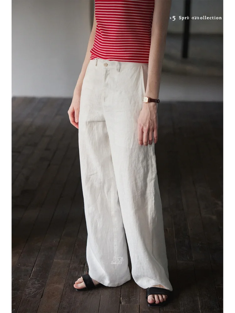 

Natural Linen Low Waist Straight Leg Pants Washed Minimalist Versatile Casual Trousers for Women Commute Style Artistic