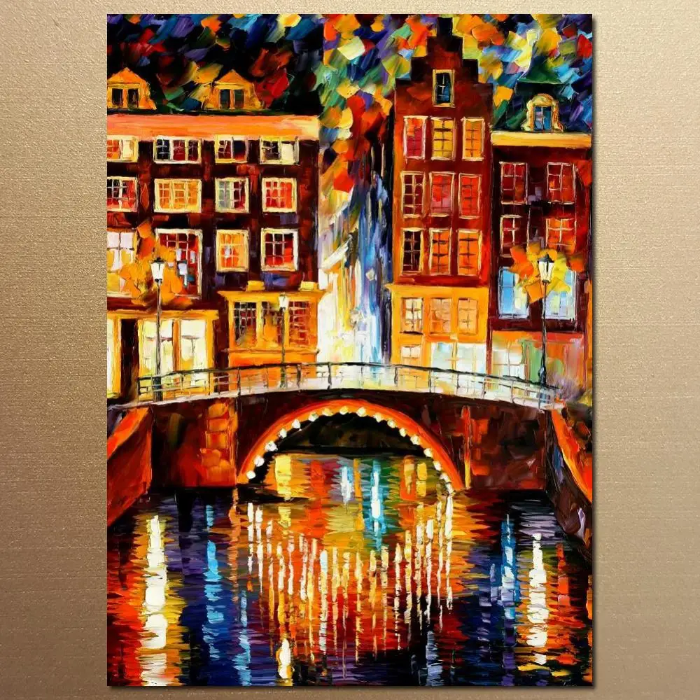 

Beautiful Landscape Painting Amsterdam Little Bridge Canvas Art Oil Handmade Modern Cityscape Wall Picture for Living Room Decor