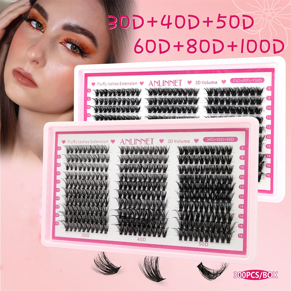 

ANLINNET 300 pcs eyelash Cluster Lashes Kit Fluffy Individual Lashes Volume Mixed Tray Faux Mink Lashes Eyelash Extension Makeup