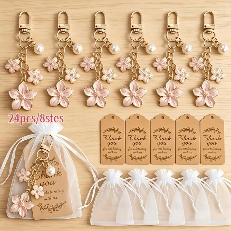 1/5/10/20/50/100pcs Fashion Alloy Enamel Pearl Flower Pendants Keychains, (s Keychains + s Cards + s Organza Bags) Sweet Cute Ch
