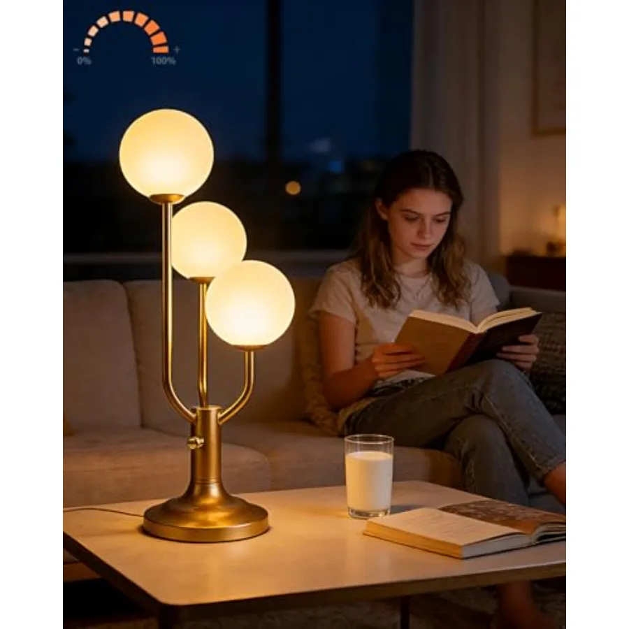 

Modern Gold Globe Table Lamp Dimmable Mid Century 3-Light Desk Lamp 3000K Warmwhite Nightstand Lamp for Bedroom Bedside End Tab