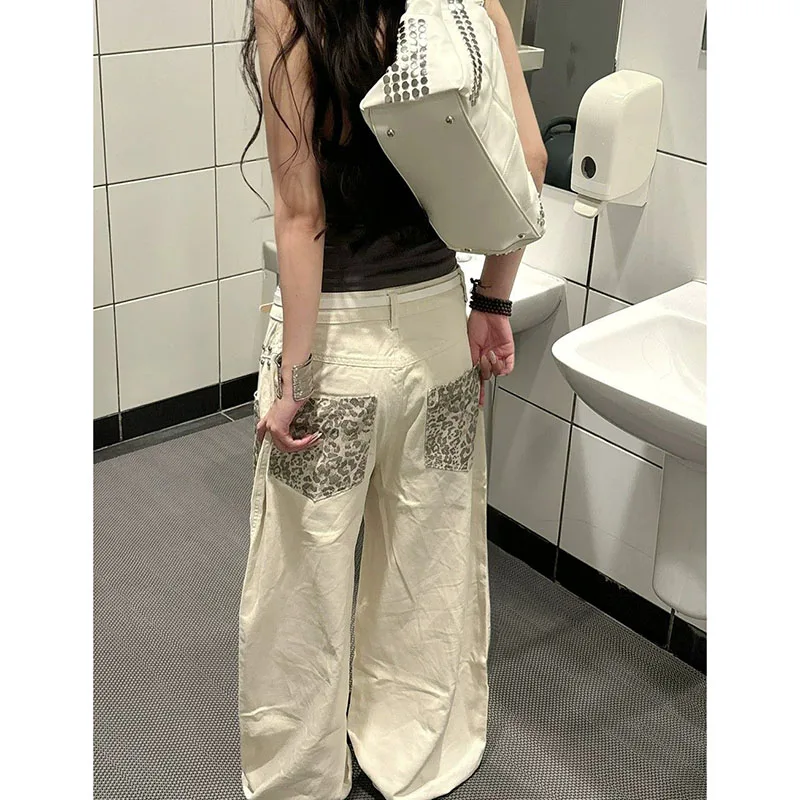 Women Vintage Rivet Leopard Print Pocket Jeans Lady Spring Summer Autumn Fashion Loose Versatile Casual Long Pants