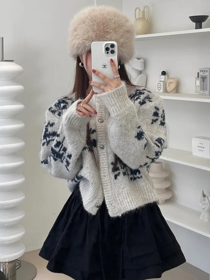 Retro gebreide trui met bloemenmotief, dames, maat S, of enkelknoops gebreide top met ronde hals voor het vroege najaar