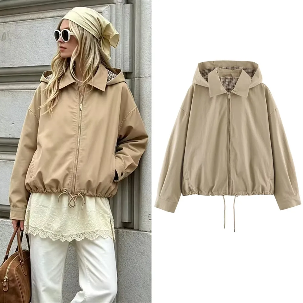 Ladies Spring Autumn Women Fall Casual Hooded Jacket Drawstring Hem Zip-up Loose Trendy Street Elegant Commute Lady Jacket