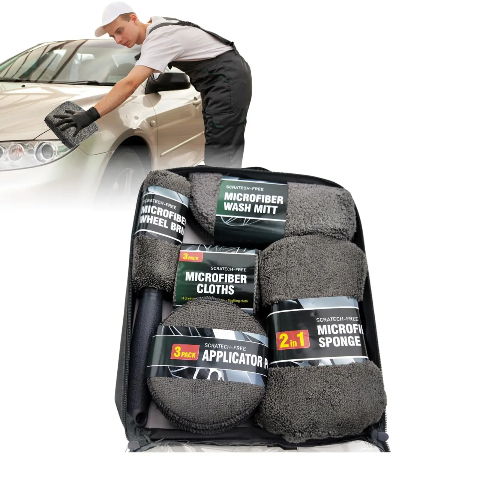 9PCS Microfiber Car Cleaning Kit, Complete Detailing Wash Set with Wheel Brush, Wash Mitt, Applicator Pads & Towels