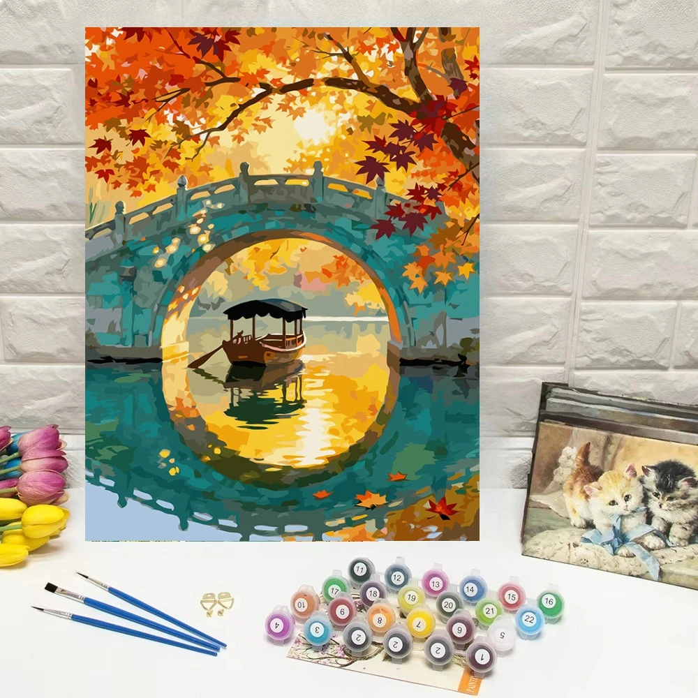 Oil Painting Autumn Maple Leaves Stone Arch Bridge Landscape By Numbers Modern Wall Decor for Living Room Bedroom Gift No Frame