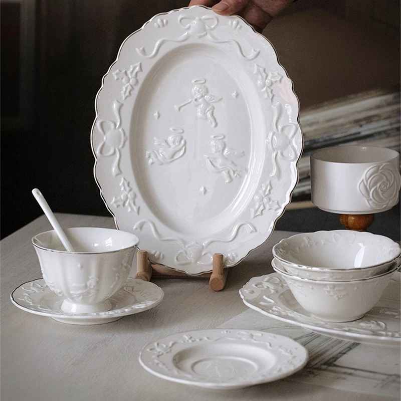 Ceramic Cup and Saucer White Embossed Angel Handmade Coffee Cup Saucer Oval Plate French Elegant Tableware Fruit Dessert Bowl