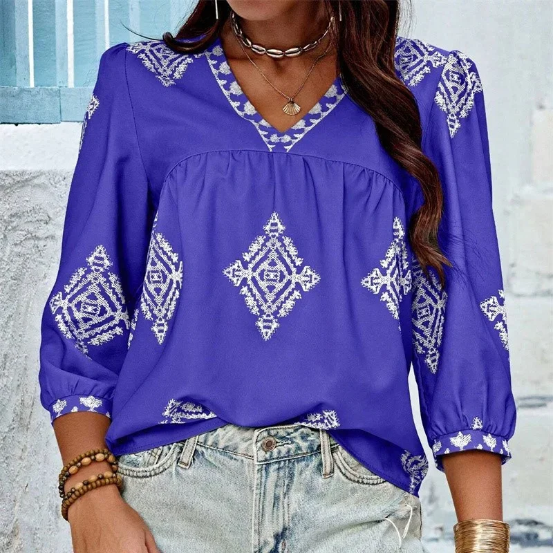 Elegante Geometrie Print V-Hals Pullover Shirt Vrouwen 2024 Zomer Zeven-Kwart Mouwen Blouse Dagelijks Comfortabele Casual Dames Tops