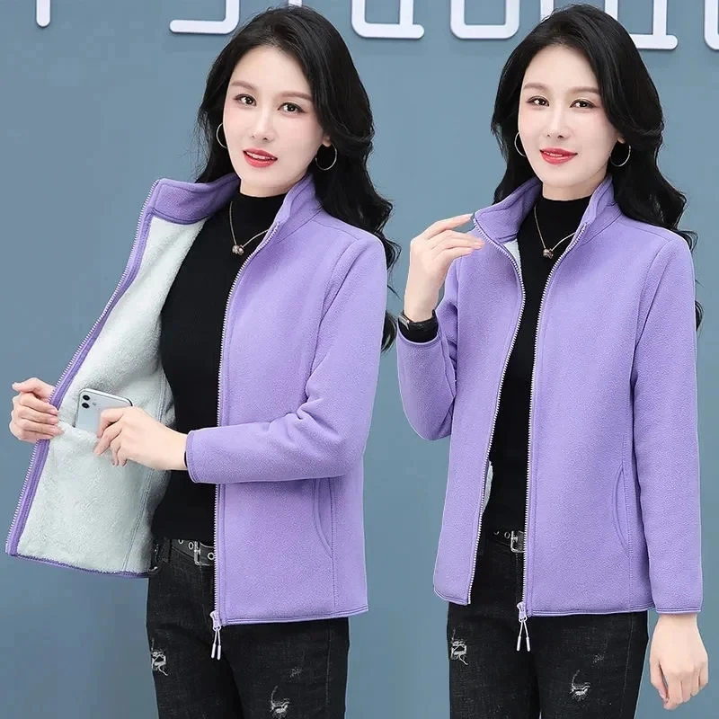 

2023 Autumn Winter New Polar Fleece Coat Women Fleece Sportshirt Jackets Stand Collar Cardigan Add Velvet Joker Outerwear Female