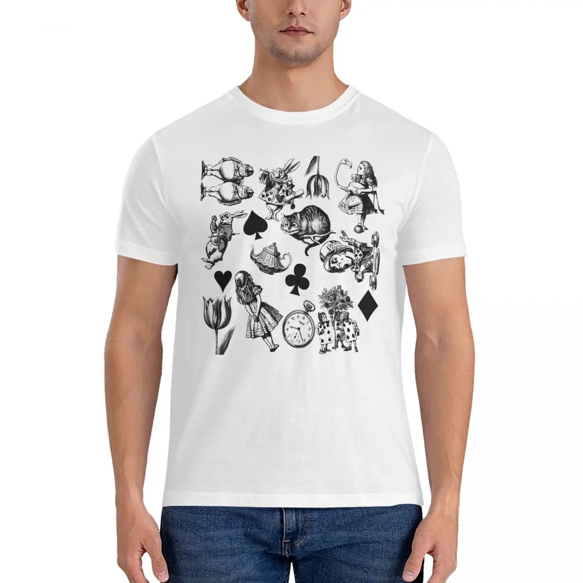 White Rabbit Mad Hatter T-Shirts for Men Alices In The Wonderland Novelty Cotton Tees O Neck Short Sleeve Gift Idea Clothes