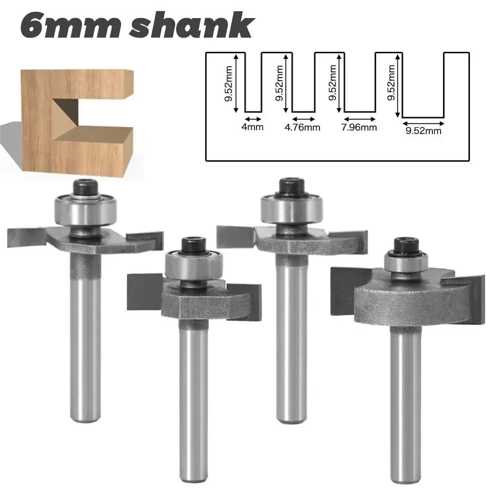 4PC/Set 1/4" 6.35MM 6MM Shank Milling Cutter Wood Carving  T Slot Router Bit Bit with Bearing Wood Slotting T Type Rabbeting Bit
