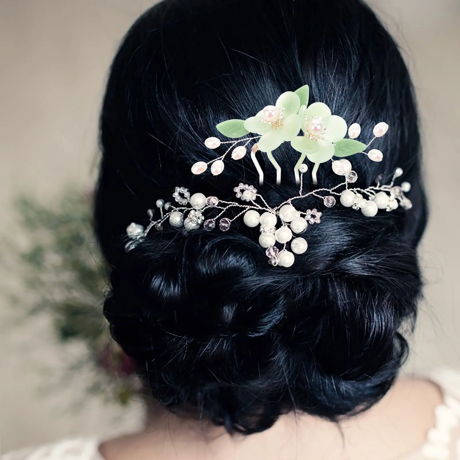 

Unique Hair Comb Set Pearl Hanfu Party Flower Glass for Girls Decorative Combs Traditional Chinese Bridal