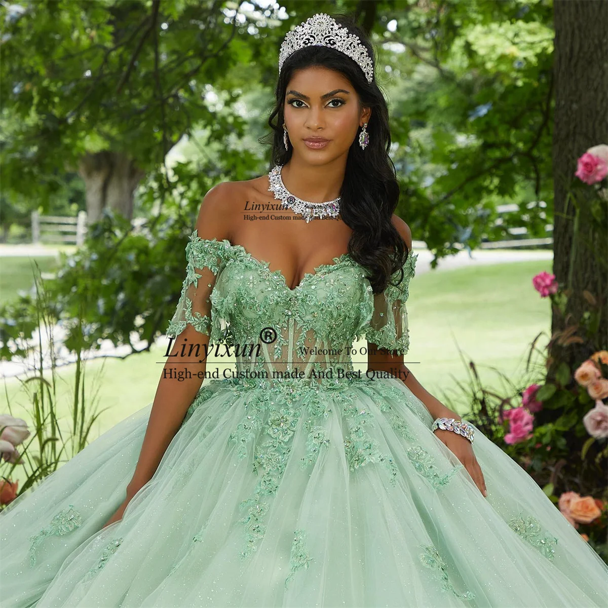 Mint Green Quinceanera Dress Ball Gown 3D Flower Applique Beads Off Shoulder Corset Sweet 16 Dress Princess Vestidos XV Años