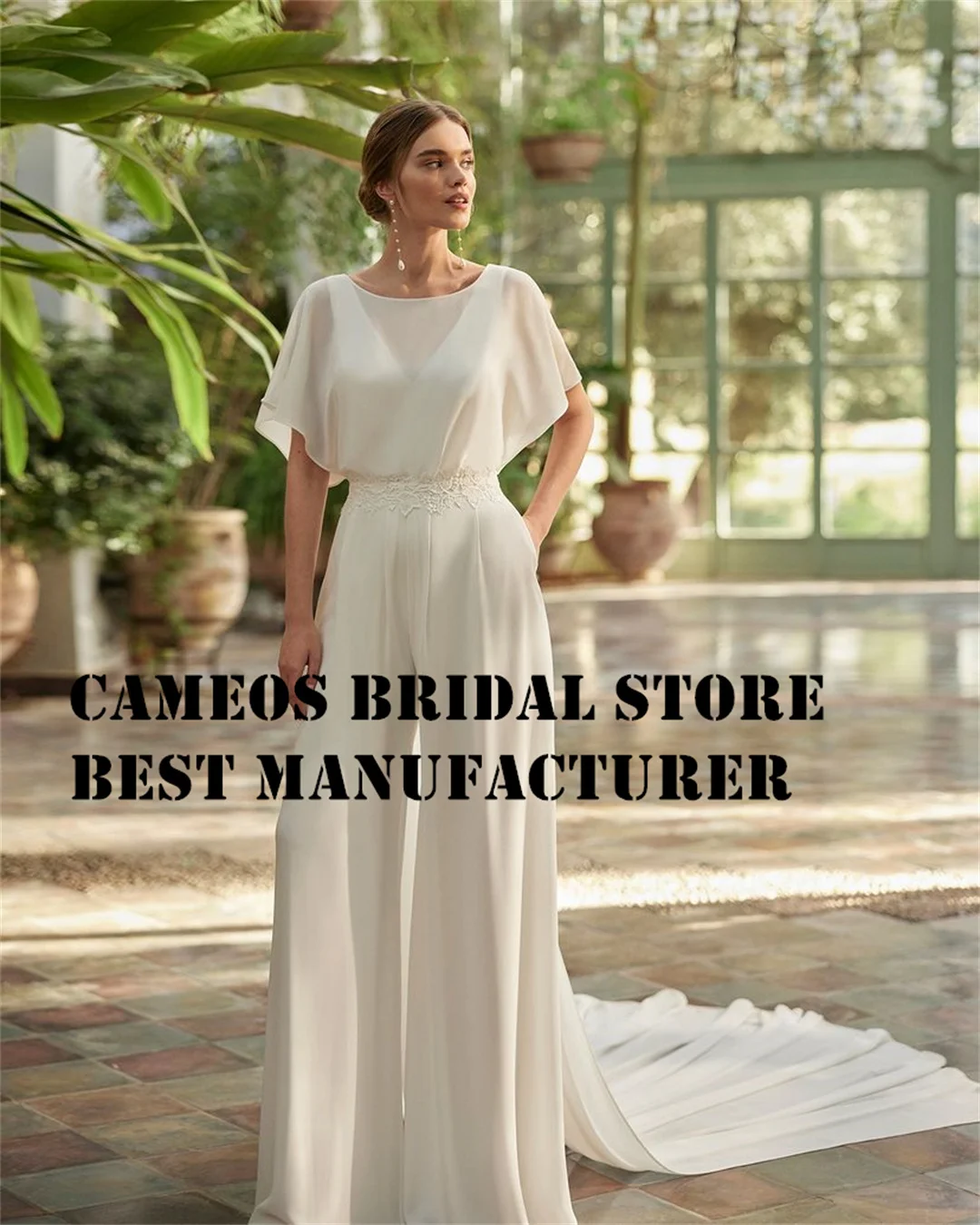 SONDR Custom Made Boat Neck Wedding Dresses White Vintage Chiffon Jumpsuit Cape Sleeves Brides Gowns  Ivory Women Bridal Dresses