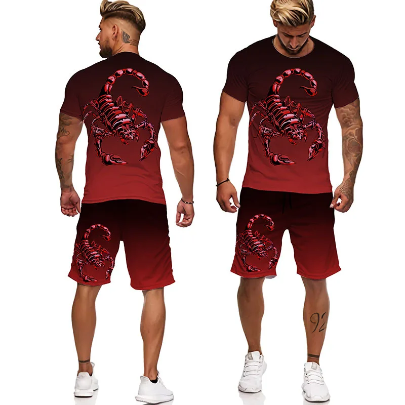 Summer Scorpion Pattern Men\'s Clothing 2PCS Sets 3D Printed Casual T Shirt+Shorts Outfits Street Trend Oversized Sportwear Suits