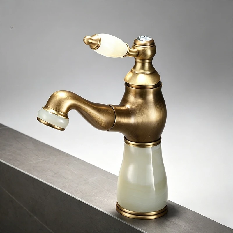 French Jade Pull-Out Faucet Copper Bathroom Basin Hot Cold Splash Proof Kitchen Sink Faucet with Cabinet Water Room Factory Bath