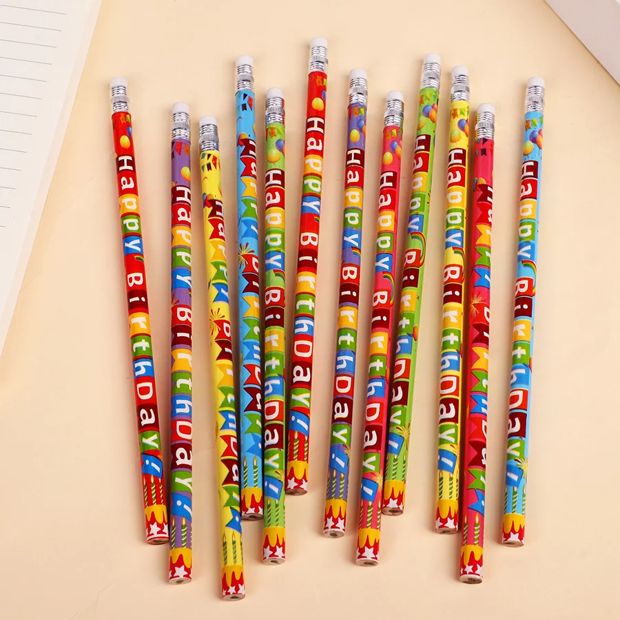 12Pcs Colorful Happy Birthday Theme HB Writing Pencils Stationery for Birthday Party Favors Back To School Pinata Fillers