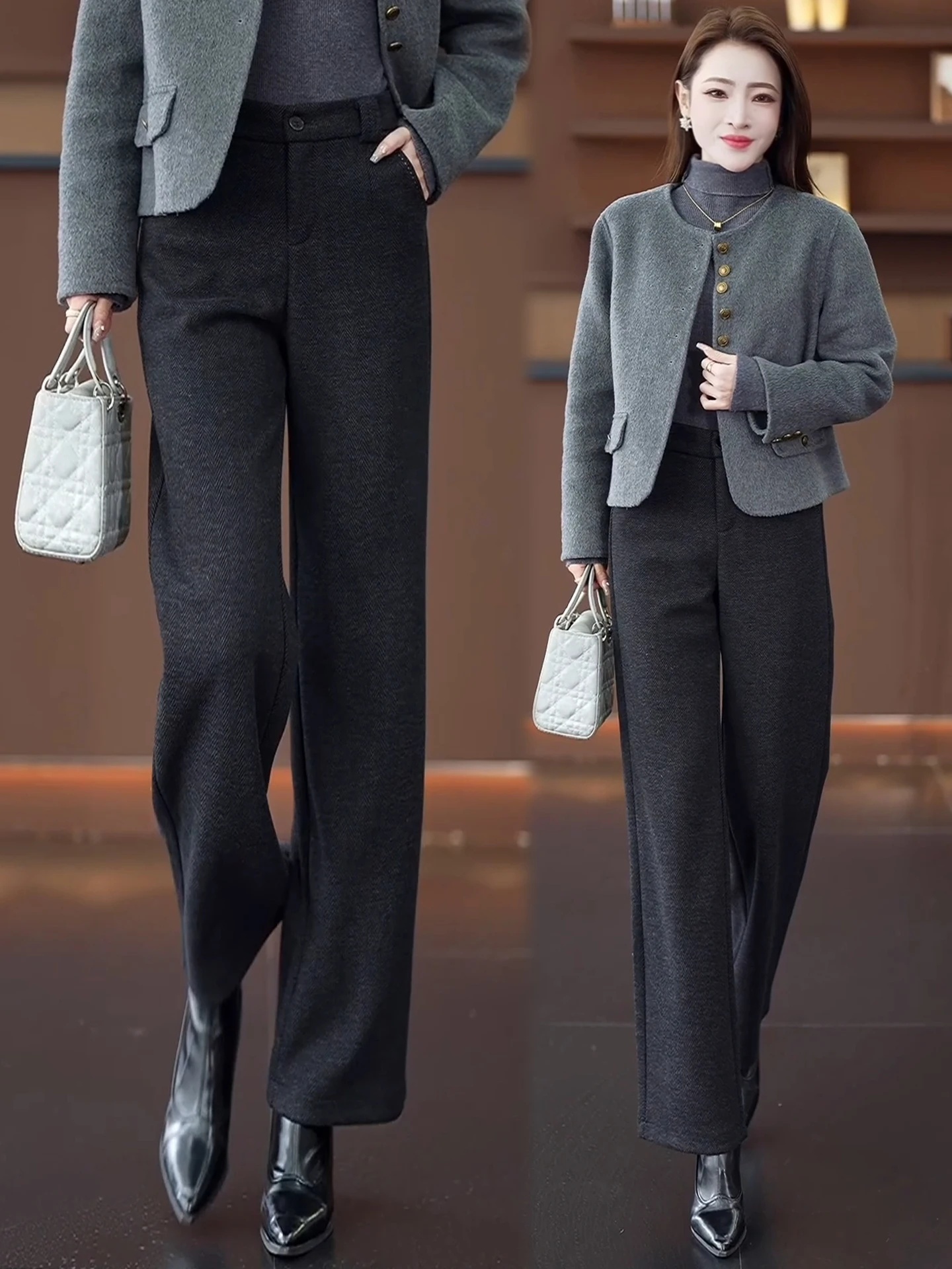 

High Waist Slim Fit Acetate Wool Wide Leg Pants Women's Casual Loose Straight Cut Trousers Autumn Winter New Style