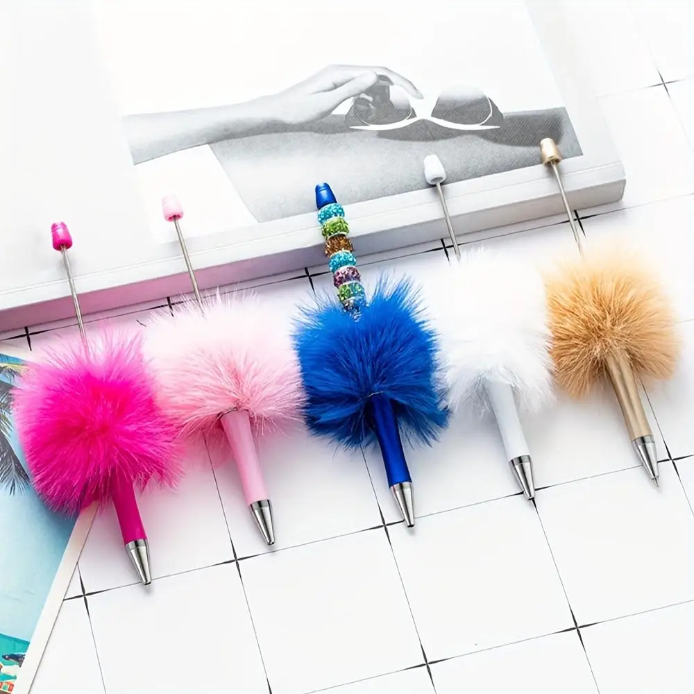 

A set of 5 brightly colored plush ballpoint pens, featuring multi-colored plush ballpoint pens with soft pom-poms on the caps, p