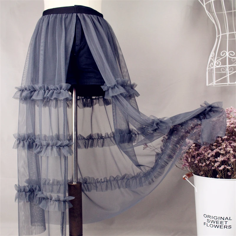 2023 Summer Autumn Sweet Ruffles Split Mesh Skirts Women Elastic High Waist Overskirt Ladies A Line Large Hem Long Skirt Saia