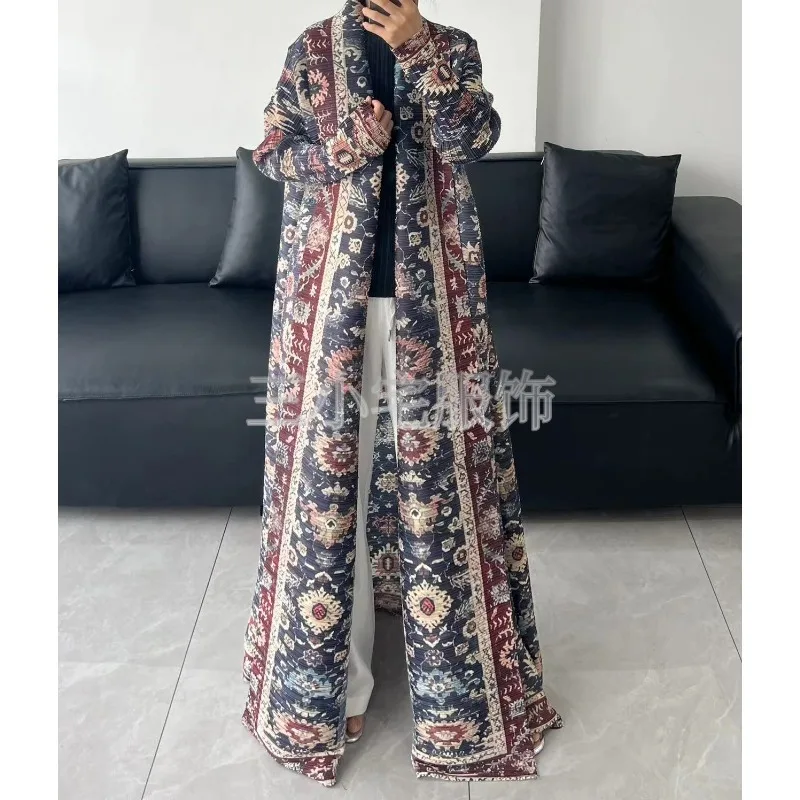 Miyake Fold 2024 Autumn New Printed Cardigan Long Shirt with High Quality and Fashionable Atmosphere Long Sleeve Festival Abaya