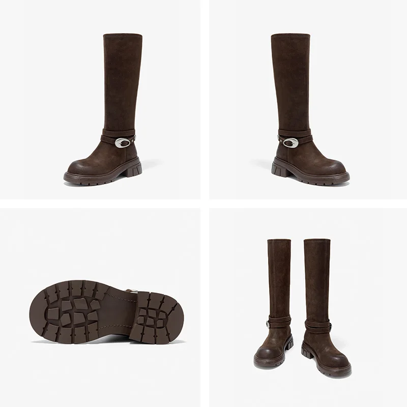 BEAUTODAY Knee High Boots Women Cow Leather Round Toe Solid Color Thick Heel Belt Buckle Retro Knight Tube Boots Handmade 01610