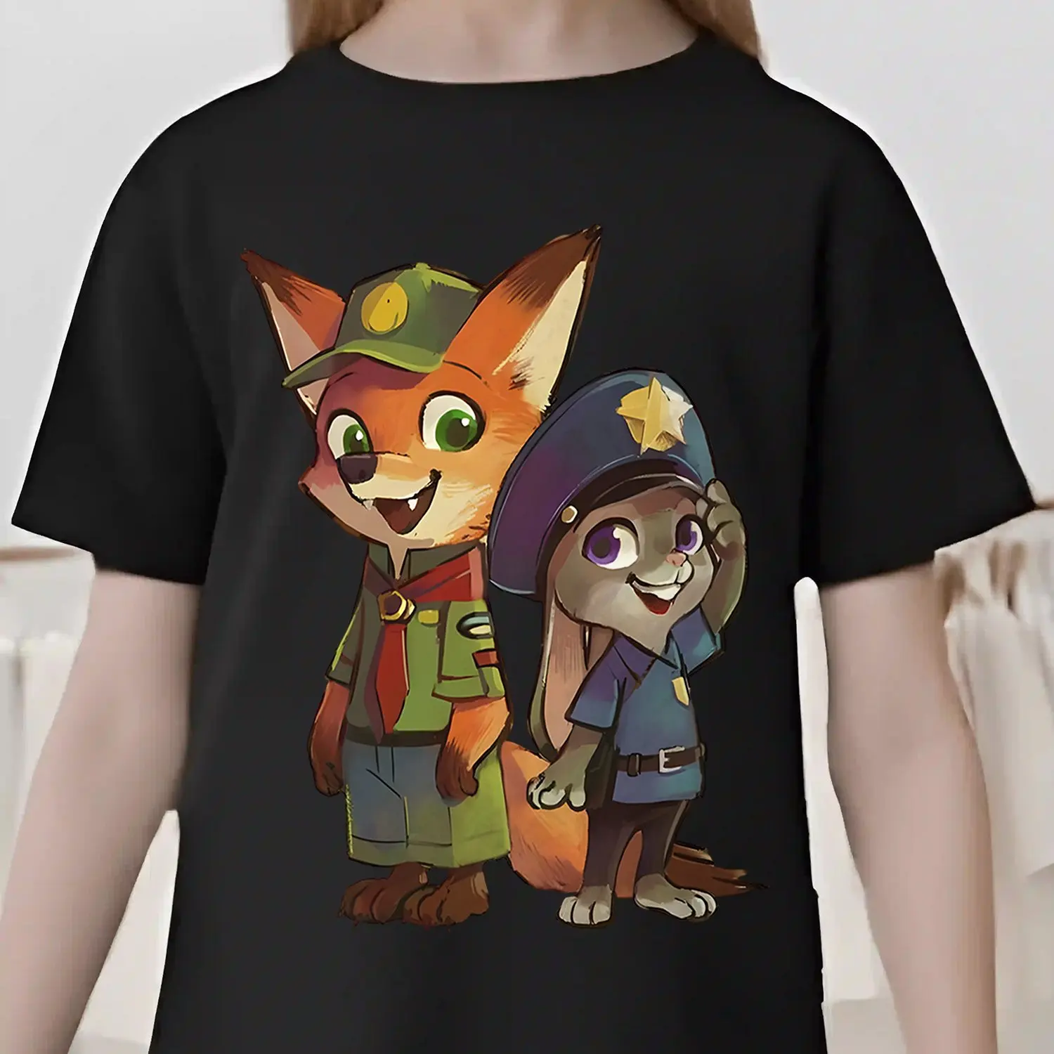 

Zootopia Judith Nick Printed Pure Cotton T-shirt for Men and Women Oversized Fashion Casual Versatile Summer Short Sleeved Tee